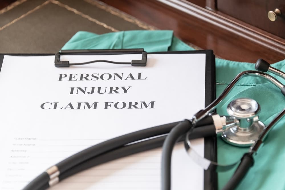 Personal injury claim form on a clipboard with a stethoscope and medical scrubs beside it.