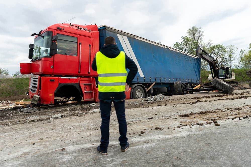 A highway freight lorry accident has occurred, leaving a crashed and damaged cargo semi-trailer truck on the roadside.