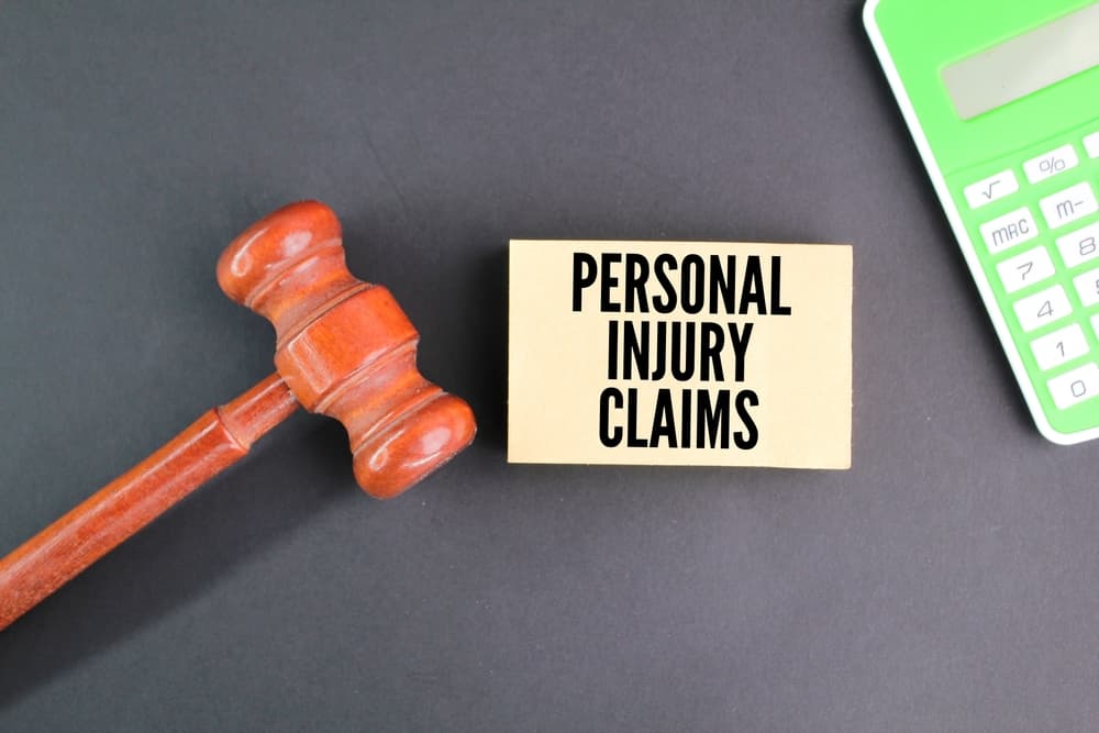 Gavel, calculator, and a document labeled "PERSONAL INJURY CLAIMS".