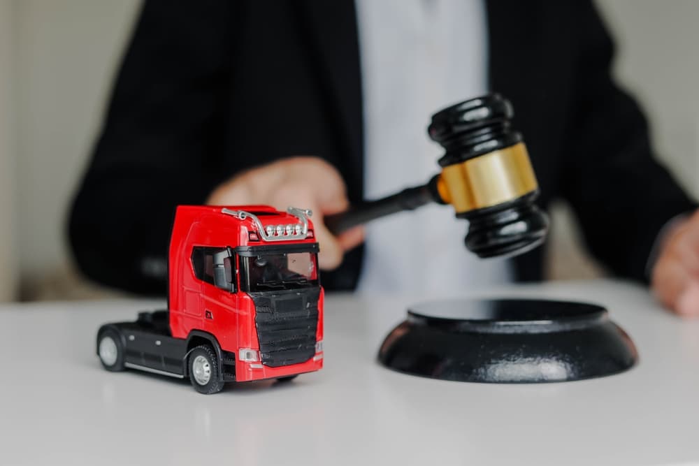 A male judge striking a gavel on a block in a courtroom, symbolizing a prohibited export concept. A toy cargo truck is placed on the table.